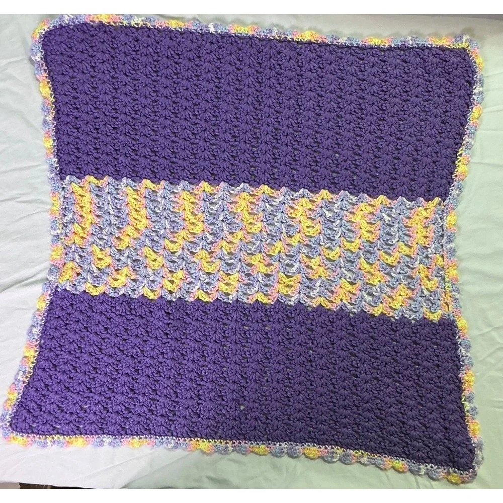 Vintage Handmade Crochet Baby Blanket Purple Pastel Throw 24x24 Cottagecore